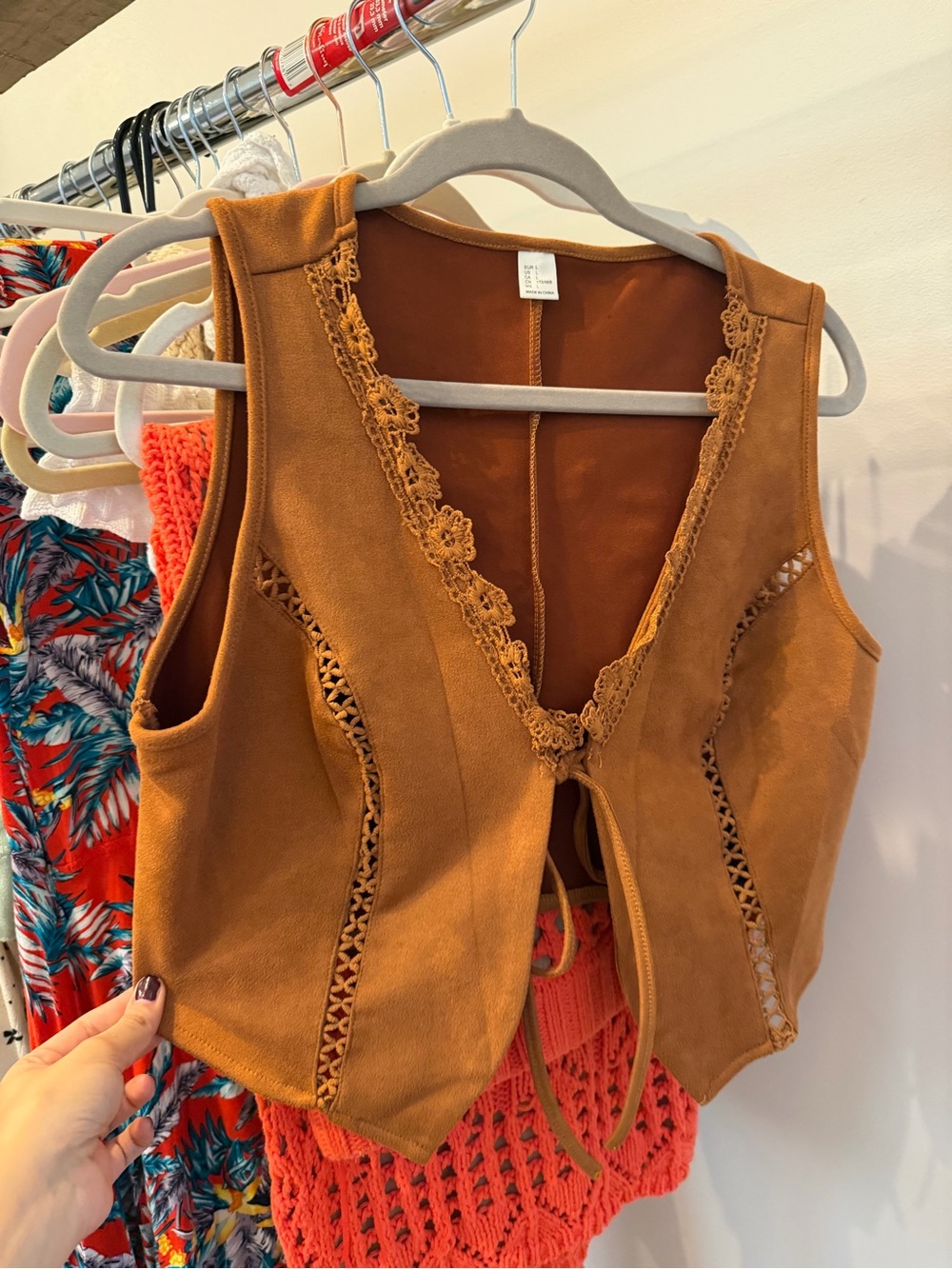 SHEIN Rust Brown Lace-Trim Tie-Front Crop Vest